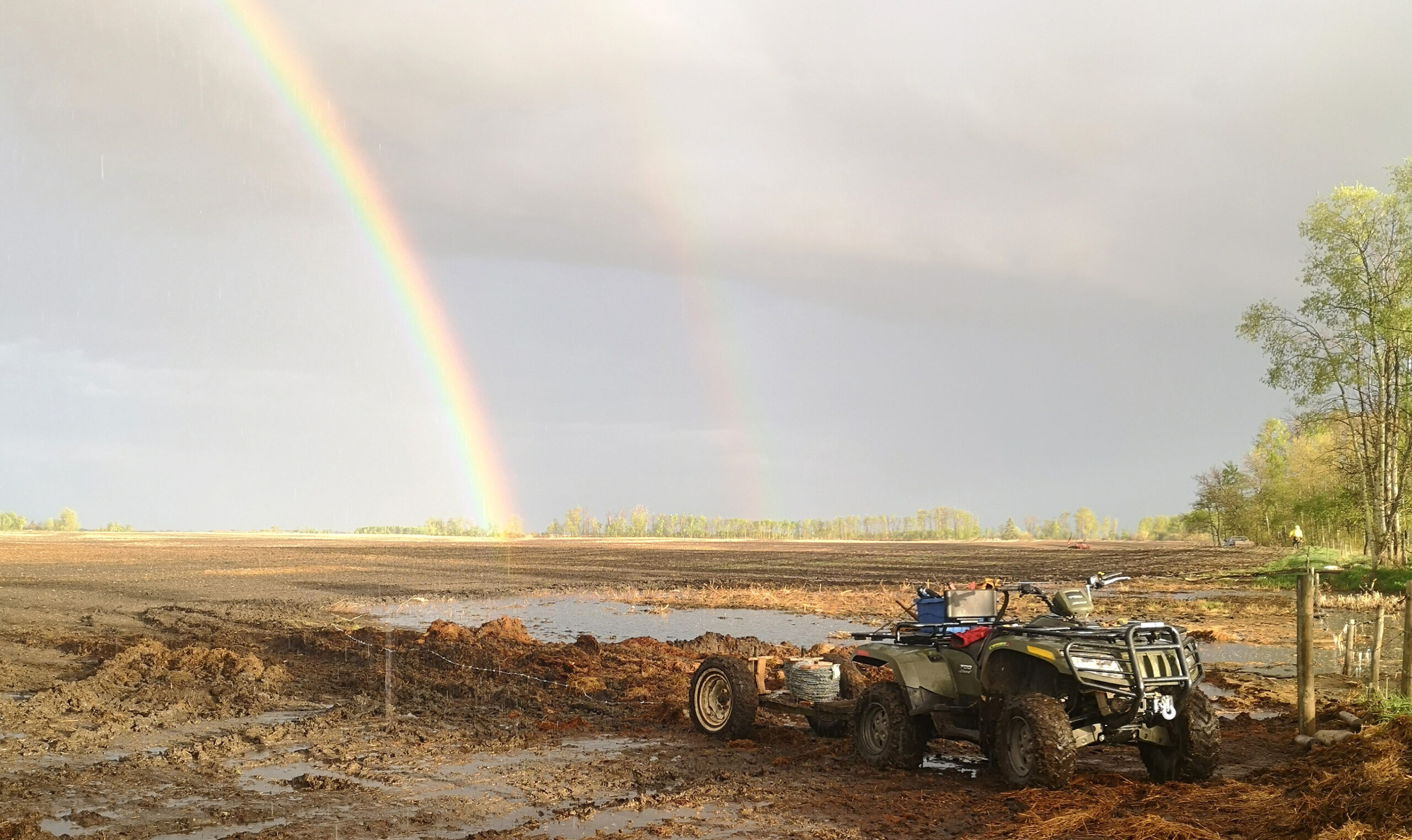 image of a quad on the field and a rainbow in the sky
